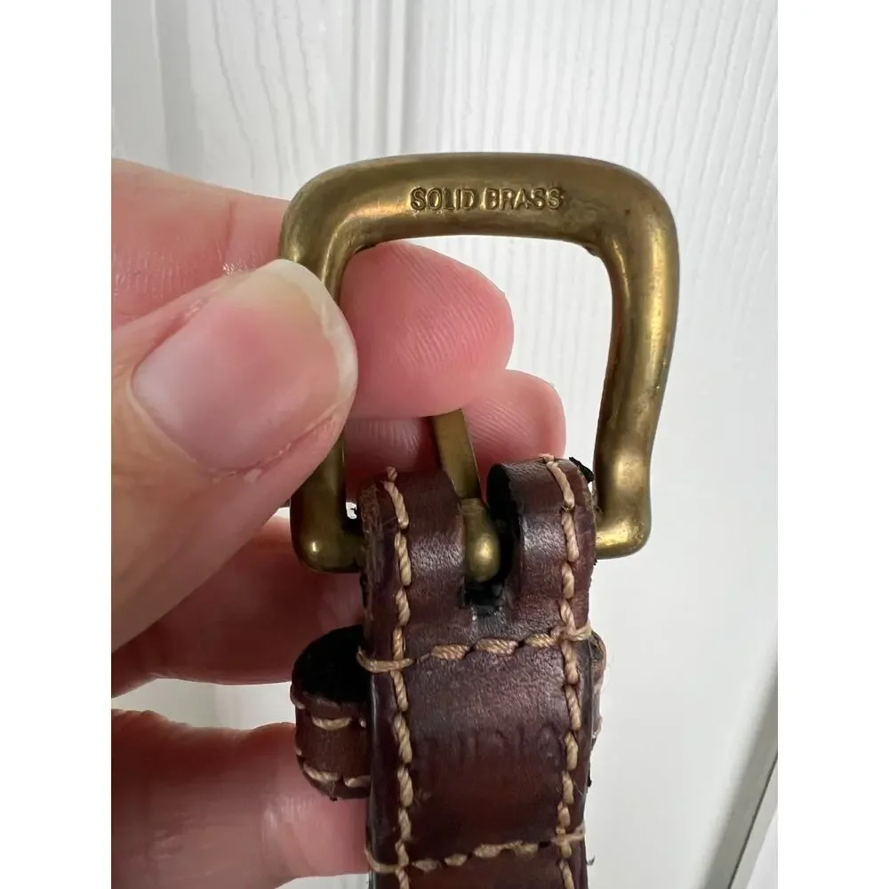 Brown Genuine Leather Belt Contrast Stich Detail Brass Buckle .75